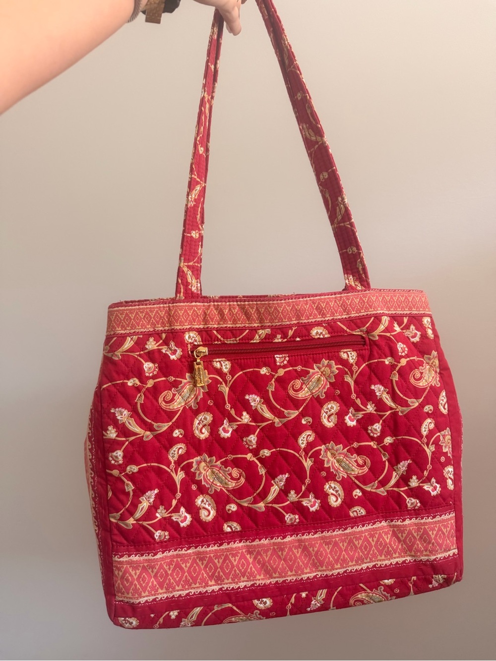 Americana Quilted Floral Tote Bag in Red with Gold Accents